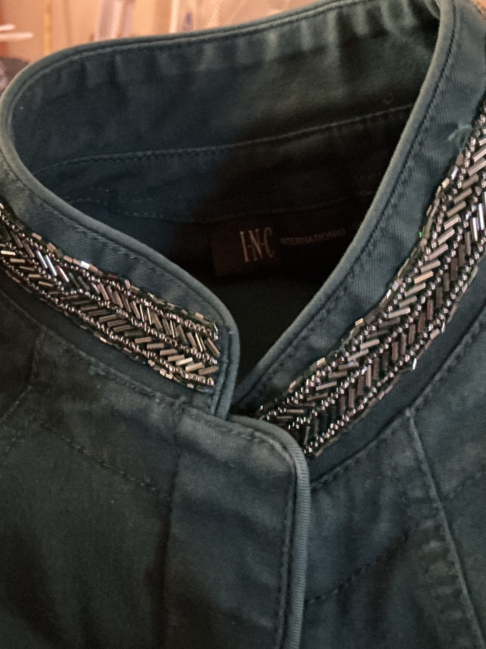 Vintage INC Military jacket turquoise sequin trim Size Large - Picture 7 of 8